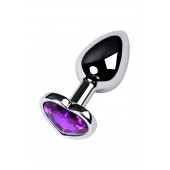 Серебристая коническая анальная пробка с фиолетовым кристаллом-сердечком - 7 см. - ToyFa - купить с доставкой в Керчи