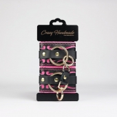 Черные кожаные наручники с розовой строчкой - Crazy Handmade - купить с доставкой в Керчи