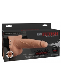 Телесный полый страпон с имитацией эякуляции 7.5  Hollow Squirting Strap-On with Balls Flesh - 21,6 см. - Pipedream - купить с доставкой в Керчи