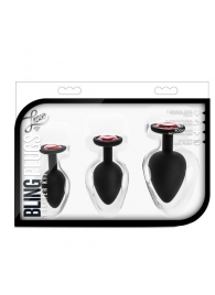 Набор черных анальных пробок с красным кристаллом-сердечком Bling Plugs Training Kit - Blush Novelties - купить с доставкой в Керчи