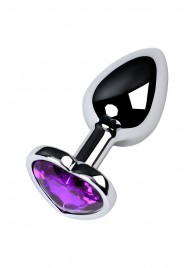 Серебристая коническая анальная пробка с фиолетовым кристаллом-сердечком - 7 см. - ToyFa - купить с доставкой в Керчи