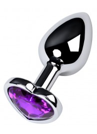 Серебристая коническая анальная пробка с фиолетовым кристаллом-сердечком - 7 см. - ToyFa - купить с доставкой в Керчи