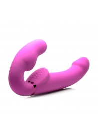 Розовый безремневой страпон с вибрацией и функцией расширения Inflatable Ergo-Fit Strapless Strap-On - XR Brands - купить с доставкой в Керчи
