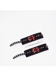 Черные кожаные наручники с красным декором и строчкой - Crazy Handmade - купить с доставкой в Керчи