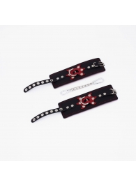 Черные кожаные наручники с красным декором и строчкой - Crazy Handmade - купить с доставкой в Керчи