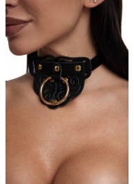 Черный фигурный кожаный ошейник с золотистой фурнитурой - Crazy Handmade - купить с доставкой в Керчи