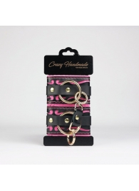 Черные кожаные наручники с розовой строчкой - Crazy Handmade - купить с доставкой в Керчи