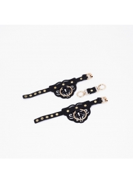 Черные кожаные наручники с клепками, кольцами и золотистой фурнитурой - Crazy Handmade - купить с доставкой в Керчи