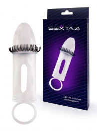 Закрытая насадка на пенис с подхватом мошонки и стимулирующими «ресничками» - Sextaz - в Керчи купить с доставкой