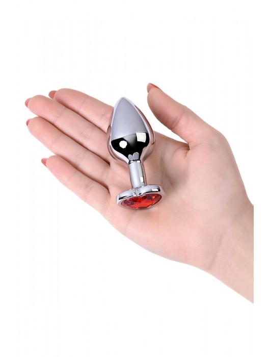 Серебристая коническая анальная пробка с красным кристаллом-сердечком - 7 см. - ToyFa - купить с доставкой в Керчи