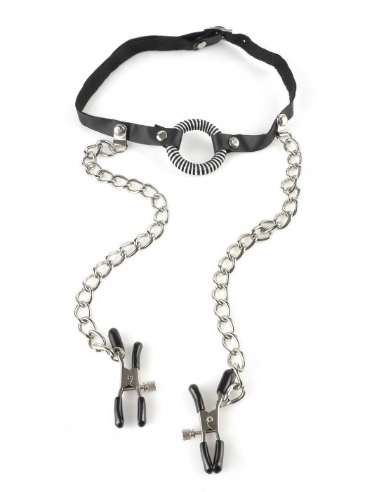 Кляп, соединенный цепочкой с клипсами для сосков - Pipedream - купить с доставкой в Керчи