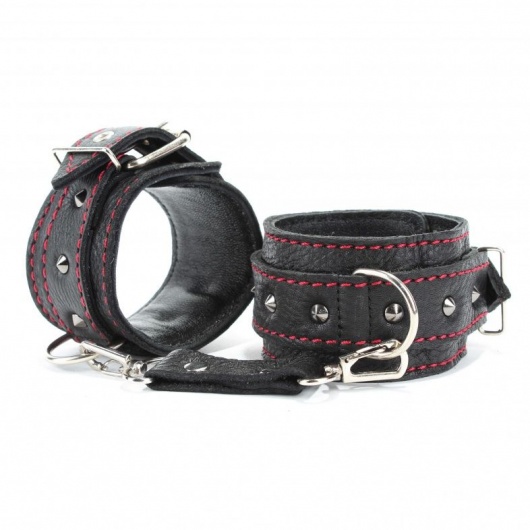 Черные наручники из натуральной кожи на карабинах - БДСМ Арсенал - купить с доставкой в Керчи