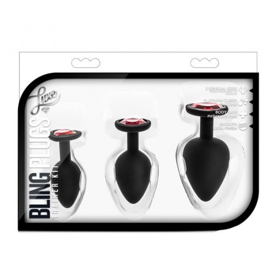 Набор черных анальных пробок с красным кристаллом-сердечком Bling Plugs Training Kit - Blush Novelties - купить с доставкой в Керчи