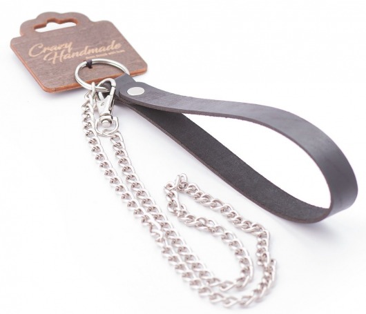 Серебристый металлический поводок с кожаной черной ручкой - 80 см. - Crazy Handmade - купить с доставкой в Керчи