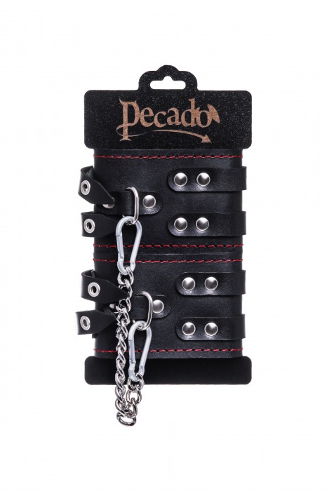 Черные кожаные оковы с двумя ремнями и контрастной строчкой - Pecado - купить с доставкой в Керчи