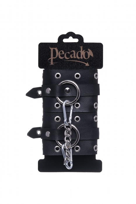 Черные кожаные однослойные наручники с люверсами - Pecado - купить с доставкой в Керчи