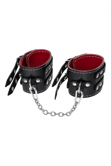 Черные кожаные оковы с двумя ремнями и красной подкладкой - Pecado - купить с доставкой в Керчи