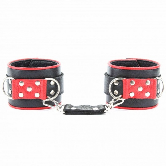 Широкие черные наручники с красным декором - БДСМ Арсенал - купить с доставкой в Керчи