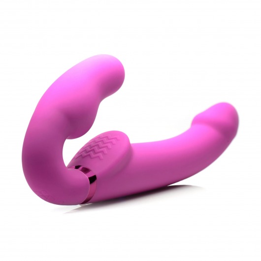 Розовый безремневой страпон с вибрацией и функцией расширения Inflatable Ergo-Fit Strapless Strap-On - XR Brands - купить с доставкой в Керчи
