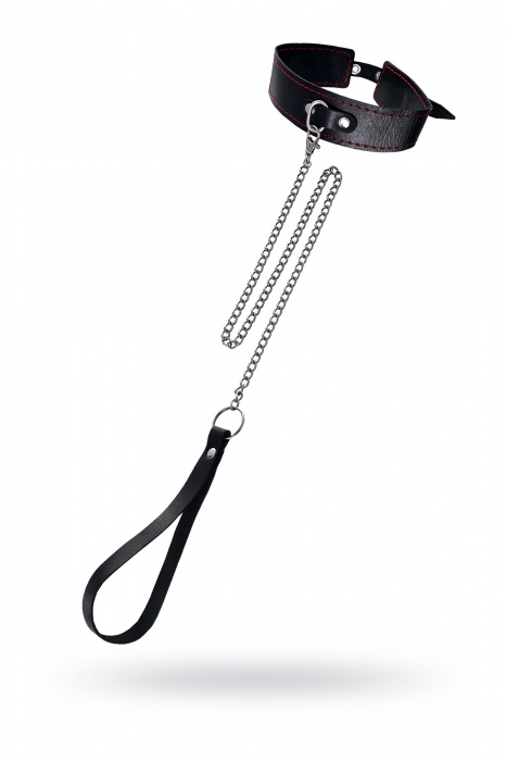 Кожаный двухслойный ошейник с красной строчкой и поводком - Pecado - купить с доставкой в Керчи