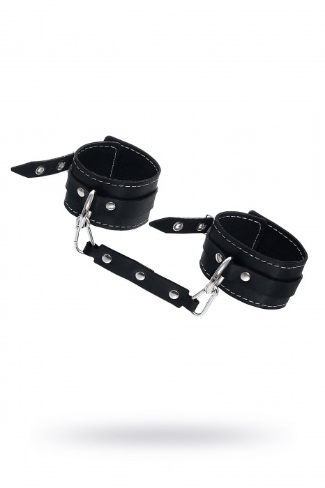 Черные двухслойные кожаные оковы с белой строчкой - Pecado - купить с доставкой в Керчи