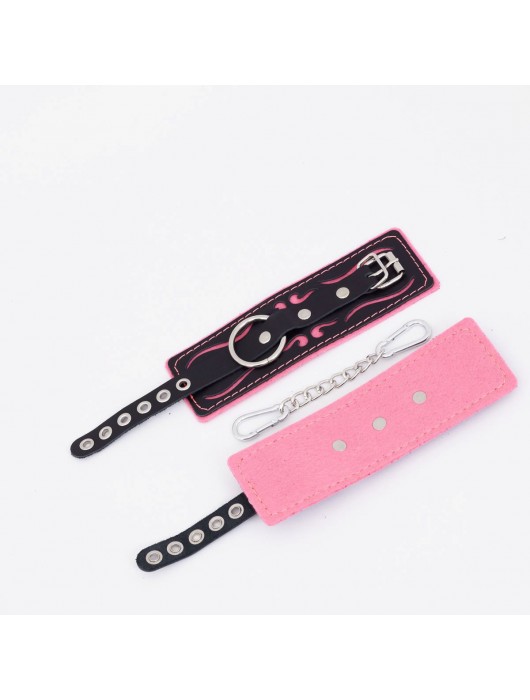 Черно-розовые кожаные наручники с розовой строчкой - Crazy Handmade - купить с доставкой в Керчи