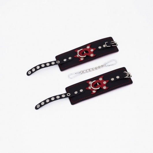 Черные кожаные наручники с красным декором и строчкой - Crazy Handmade - купить с доставкой в Керчи