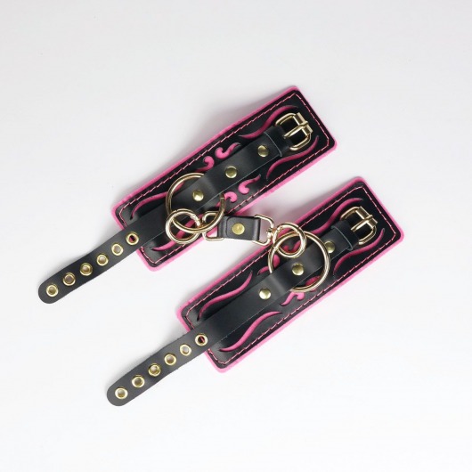 Черные кожаные наручники с розовой строчкой - Crazy Handmade - купить с доставкой в Керчи