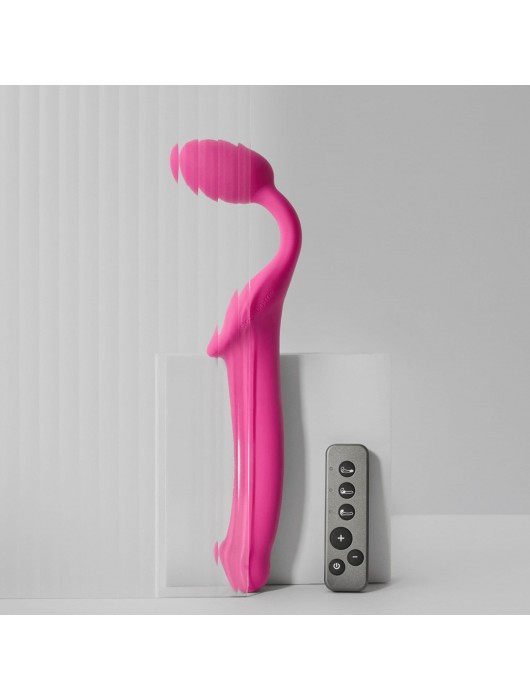 Ярко-розовый безремневой страпон Strap-on-me Vibrating Bendable Strap-On size L - Strap-on-me - купить с доставкой в Керчи