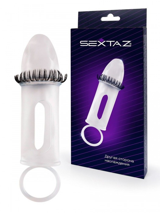 Закрытая насадка на пенис с подхватом мошонки и стимулирующими «ресничками» - Sextaz - в Керчи купить с доставкой