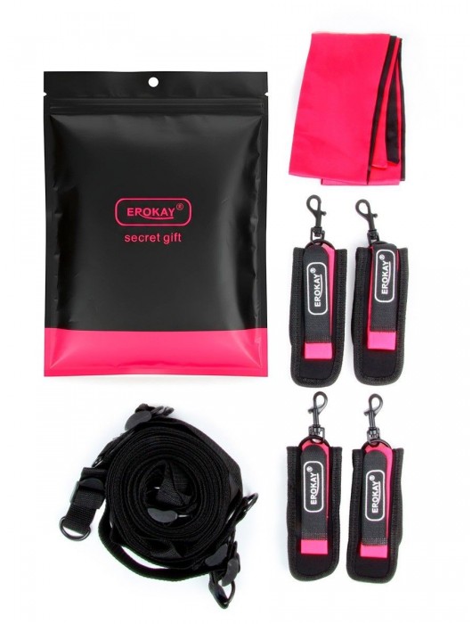 Черно-розовый эротический набор: фиксатор, оковы, наручники, повязка - Erokay - купить с доставкой в Керчи