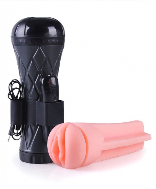 Телесный мастурбатор-вагина в черной колбе с вибрацией - Boys of Toys - в Керчи купить с доставкой