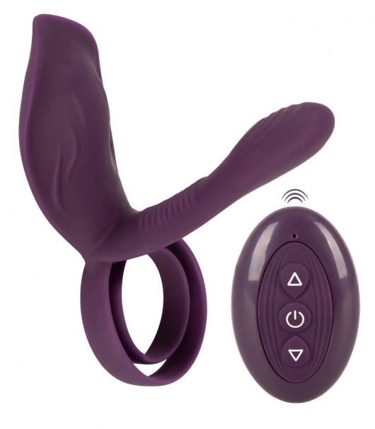 Фиолетовая насадка на член с клиторальным отростком и пультом ДУ RC Couple’s Vibrator 2 - Orion - в Керчи купить с доставкой