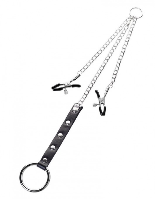 Серебристо-чёрные зажимы для сосков с кольцом для пениса TOYFA Metal - ToyFa - купить с доставкой в Керчи